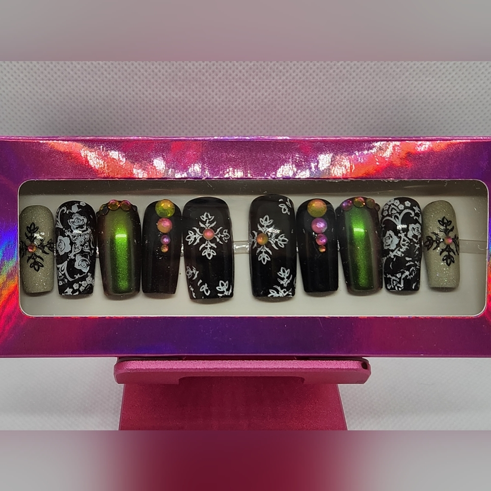 Green, Black, White Iridescent and Rhinestone Press On Nails